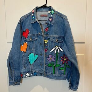 First Choice‎ Denim Jacket Women M Hand Painted Flowers Hearts Stars Artsy Hippy
